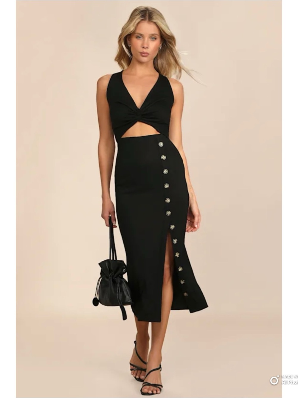 Lulus Small Trend Seeker Black Ribbed Twist-Front Cutout Midi Dress NWT